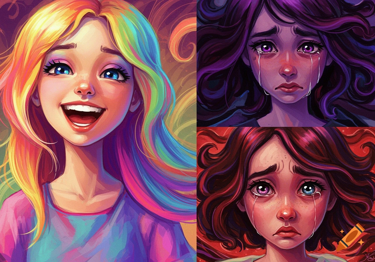 Showing three portraits of a girl: one happy with rainbow hair, one crying with purple hair, and one crying with red hair and mismatched eyes.