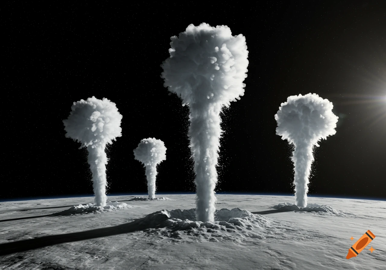 Large plumes erupt from craters on a moon-like surface under a starry sky.