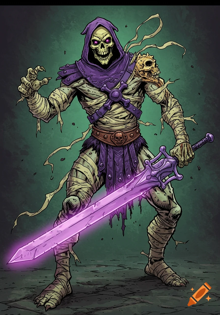 Skeletal mummy character holding a glowing purple sword in a digital illustration style.
