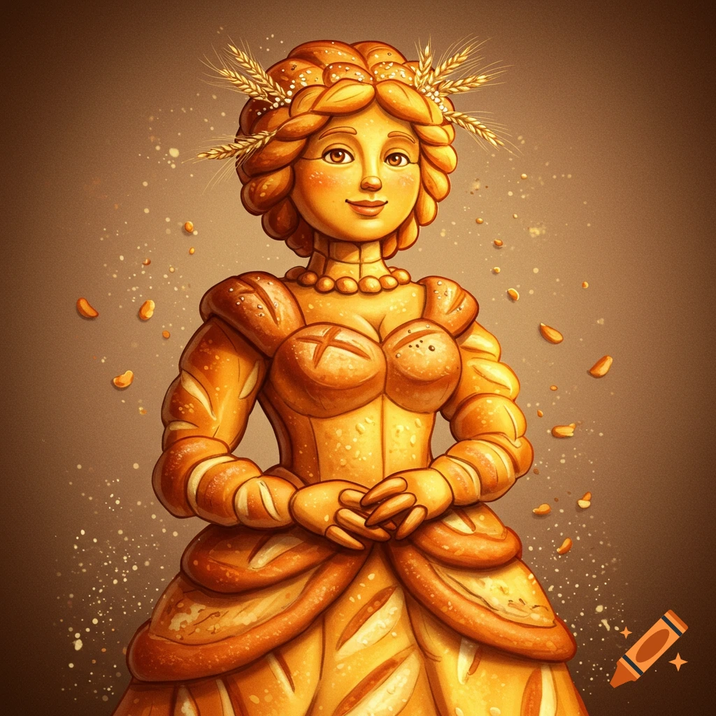 Painting of a woman figure made of bread with wheat stalks in her hair and a bread dress.