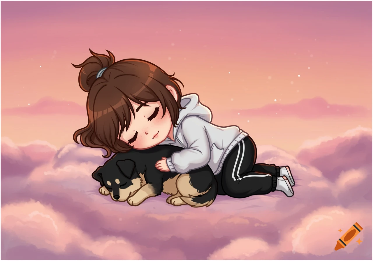 A chibi girl wearing a white hoodie and black joggers sleeps on a pink cloud, cuddling a small black and tan dog.