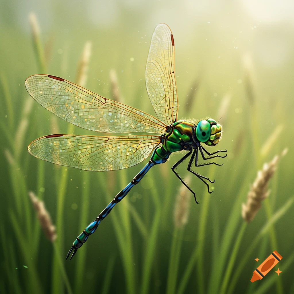 A green and blue dragonfly flying among tall grass.