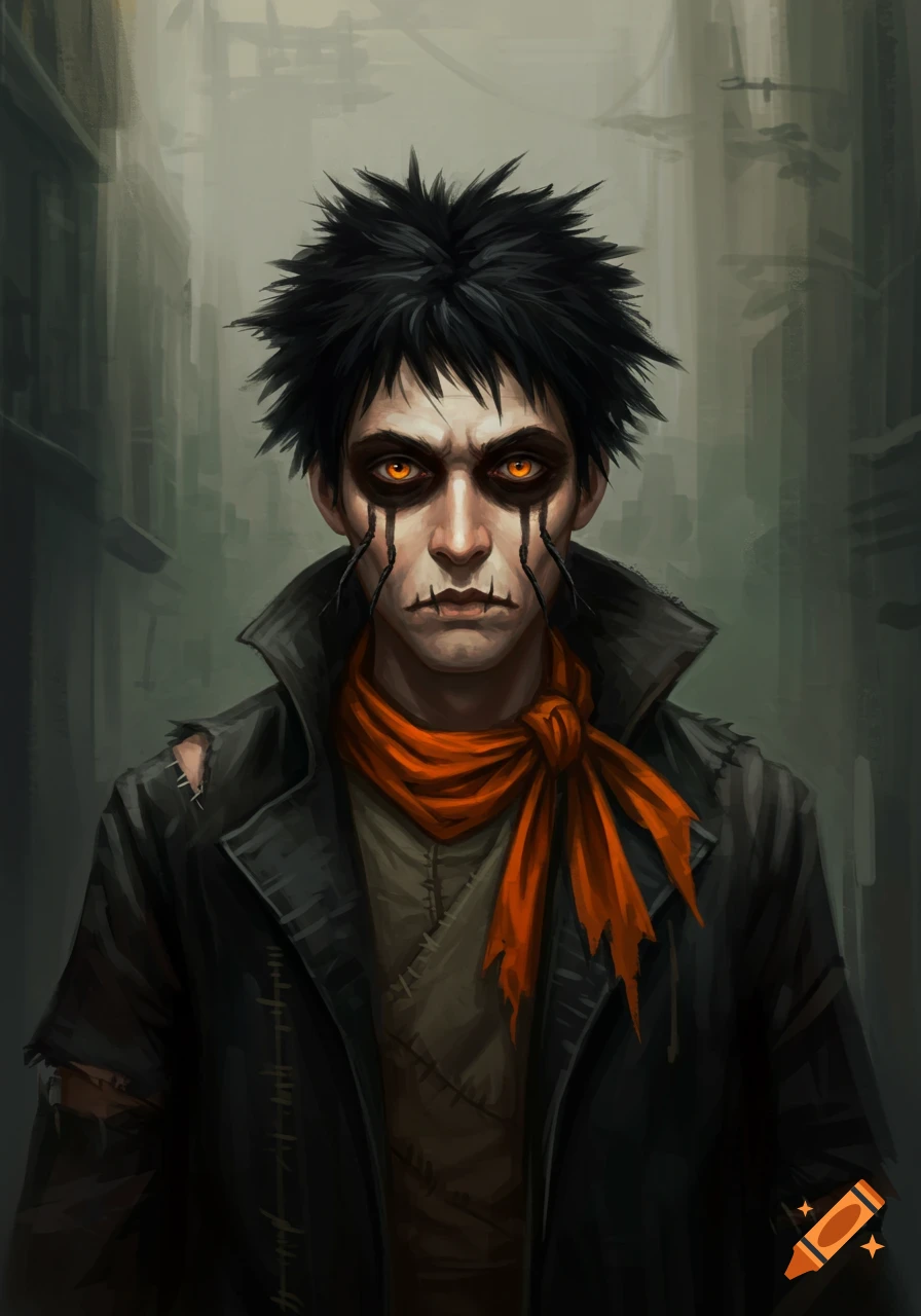 A person with black spiky hair, orange eyes, black streaks on cheeks, tatty coat, and orange scarf in a dark street.