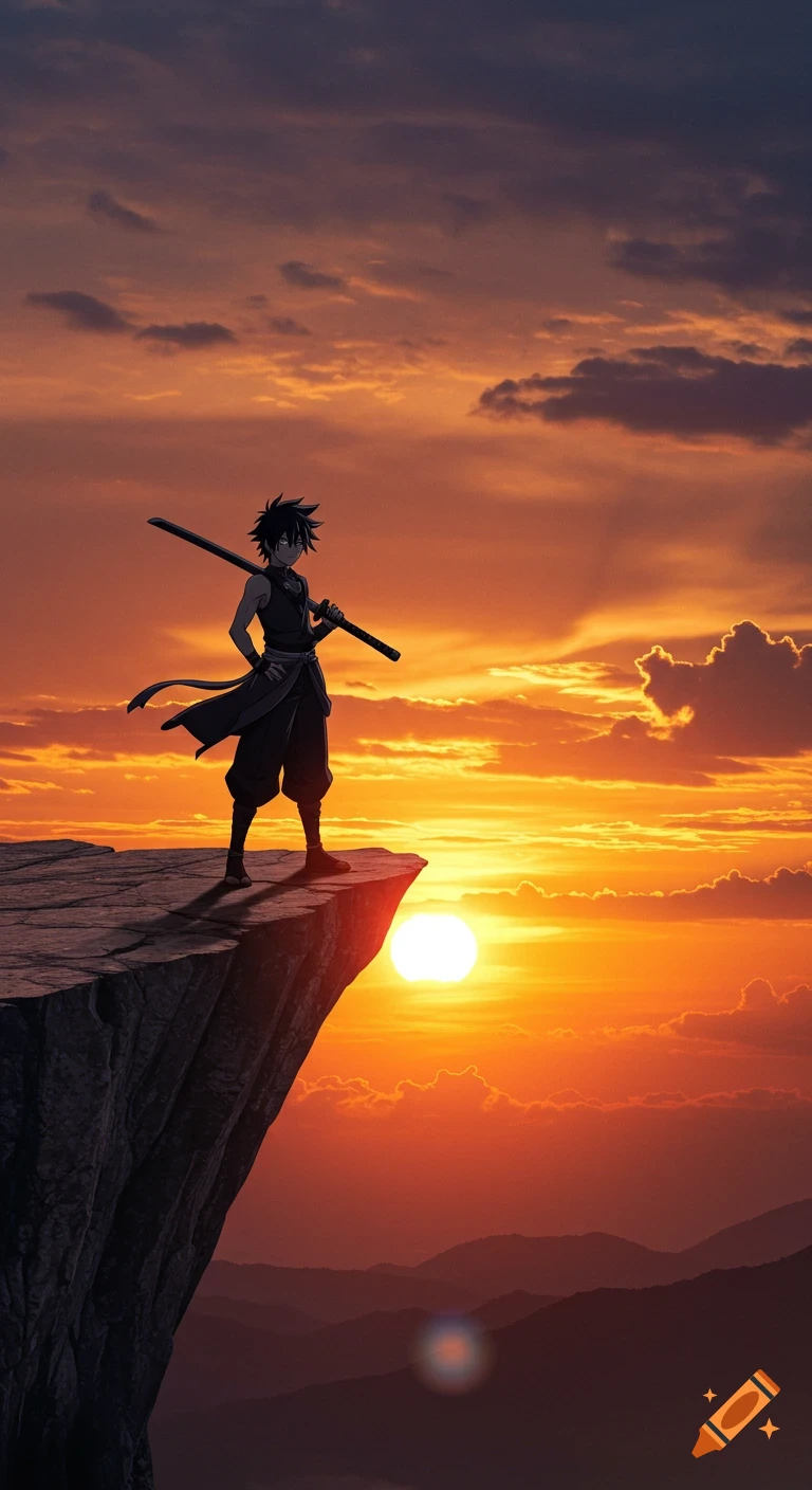 Anime character on a cliff edge with a sword at sunset