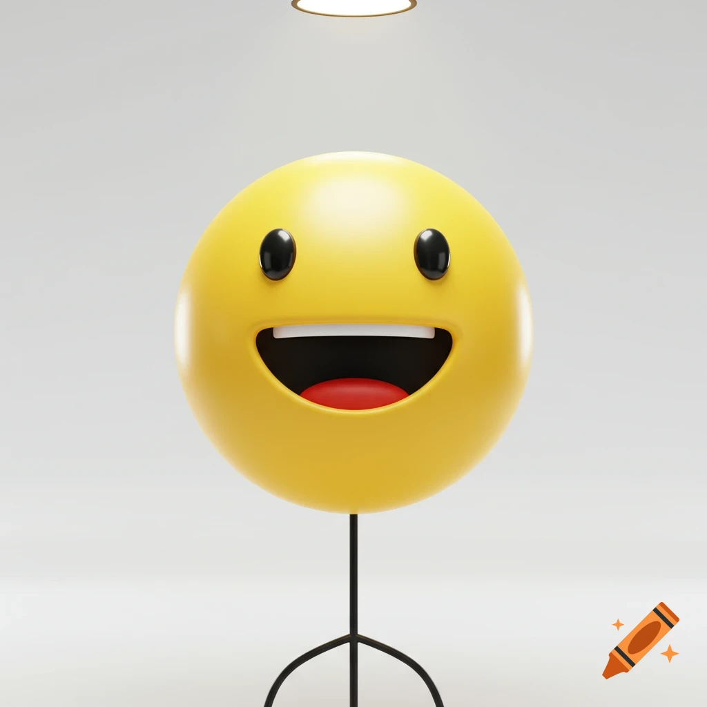 A 3D render of a happy yellow smiley face on a black stick.