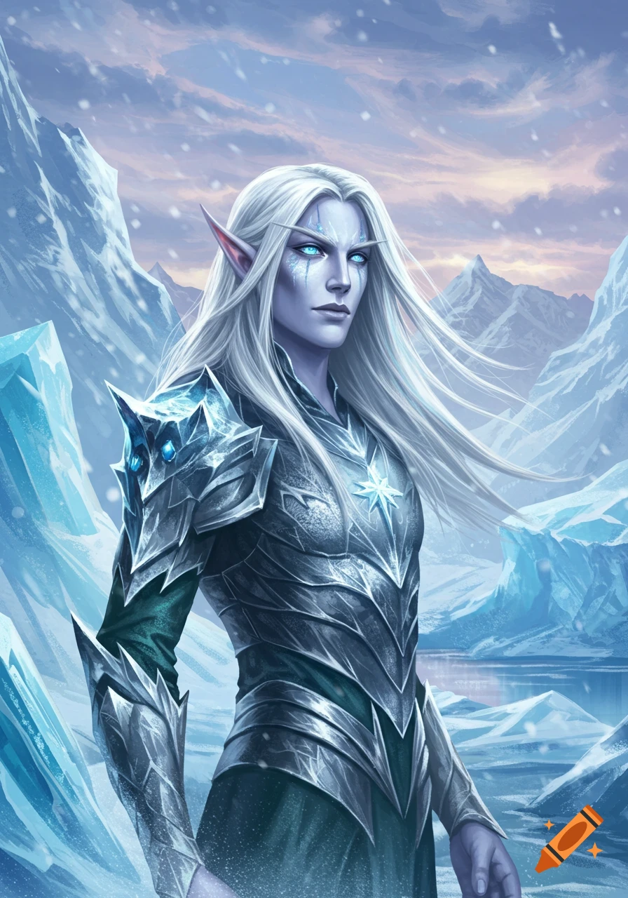 A frosty elf with silver hair and icy armor stands in a snowy mountain landscape.