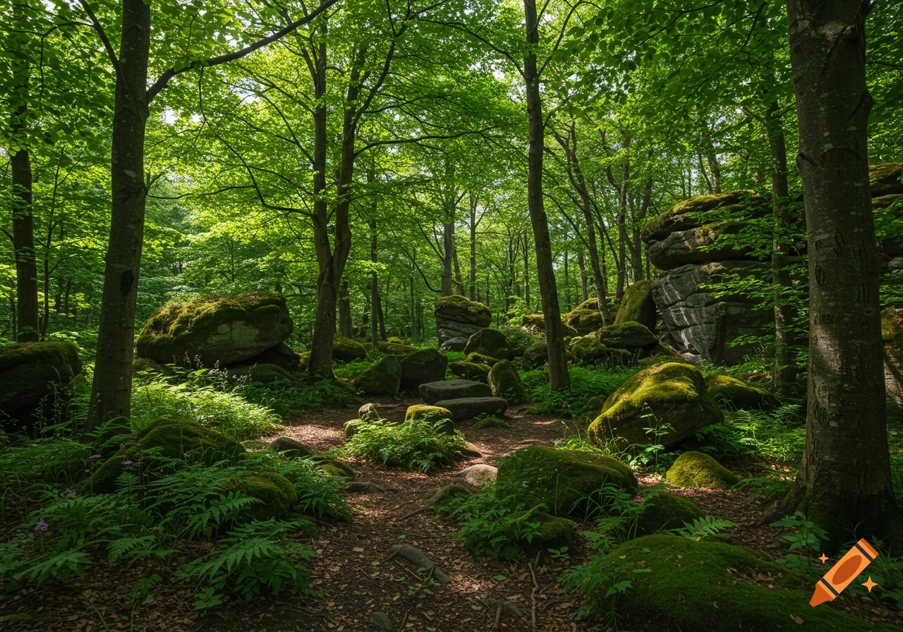 Photorealistic photo of a sun-dappled forest path winding through trees and moss-covered rocks with ferns