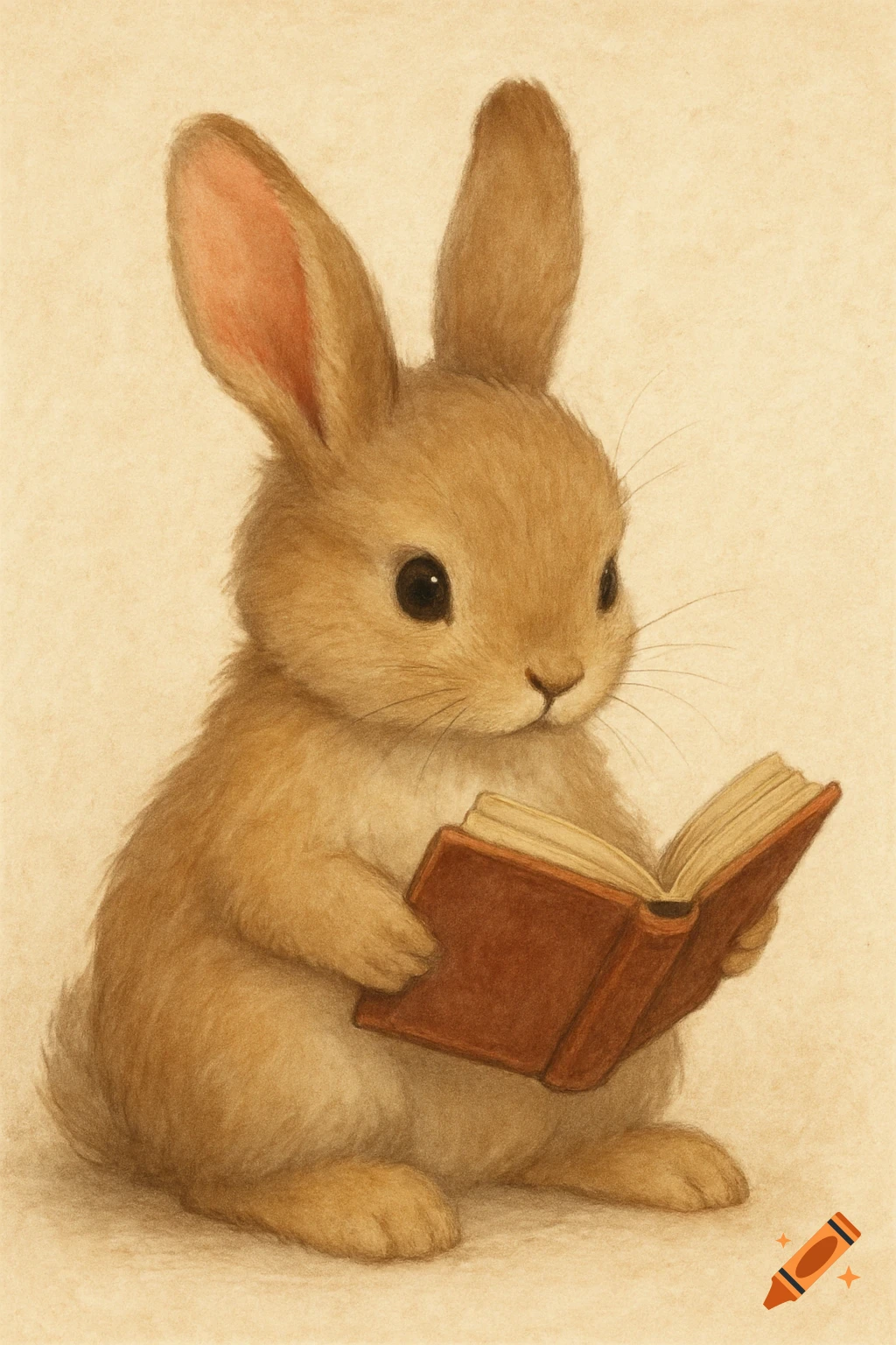 A cute brown rabbit sits and reads an open book.