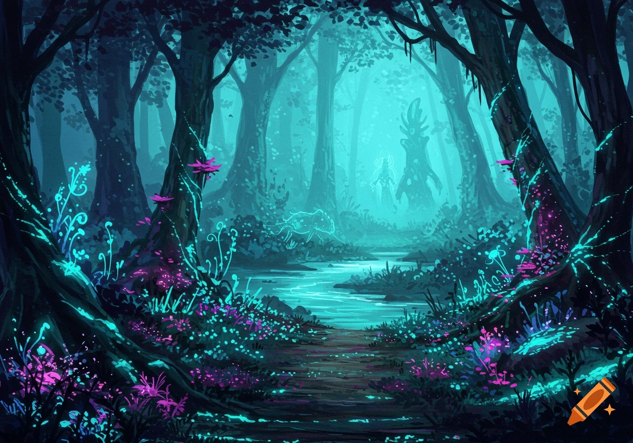 A glowing fantasy forest with a stream, neon plants, silhouetted trees, and mystical figures.