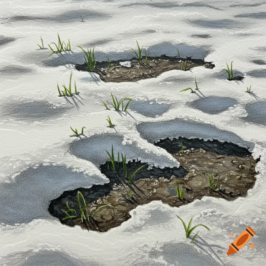 Sketch of snow melting, revealing grass and earth, first signs of spring.