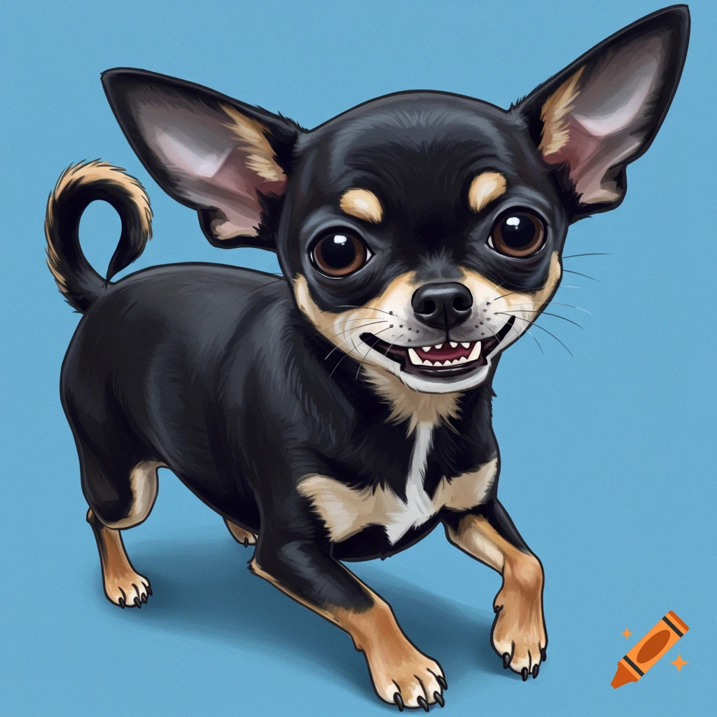 A black and tan chihuahua smiling on a blue background.