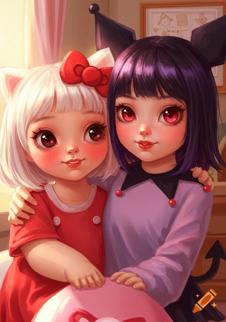 Two cute girls resembling Hello Kitty and Kuromi embracing
