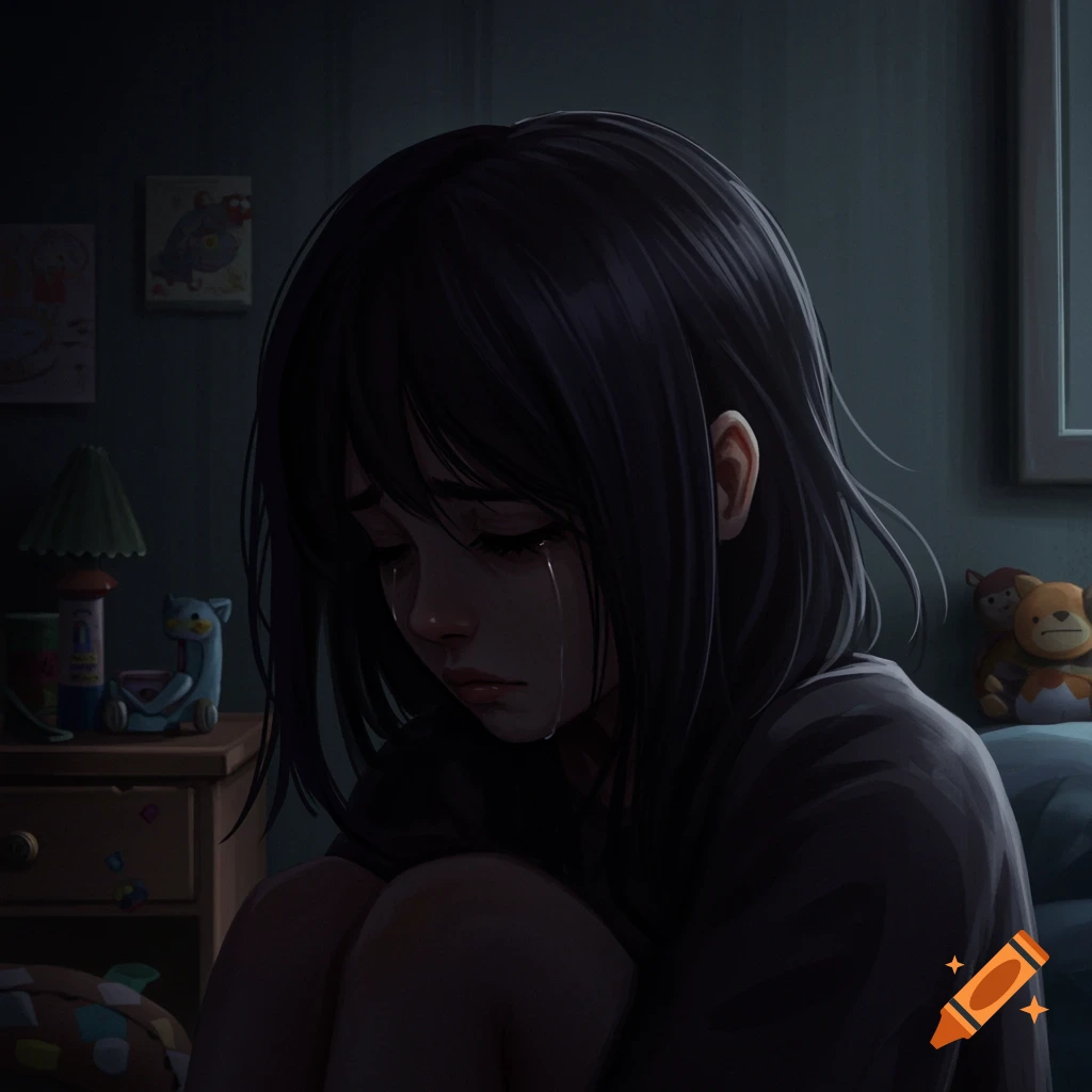 A young girl with dark hair crying in a dimly lit room.