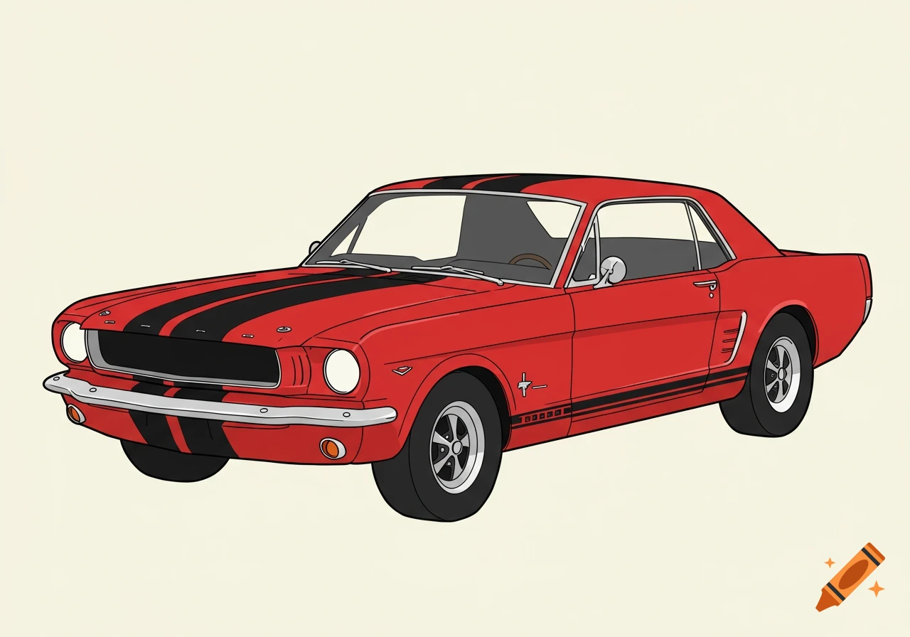 Red 1965 Ford Mustang with black stripes in an easy drawing style.