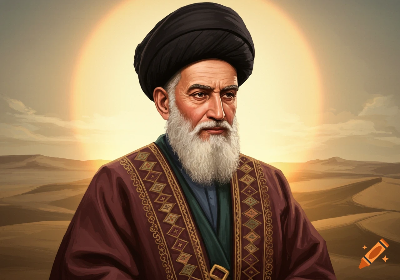 A man with a white beard and black turban in traditional clothing stands in a desert at sunset.