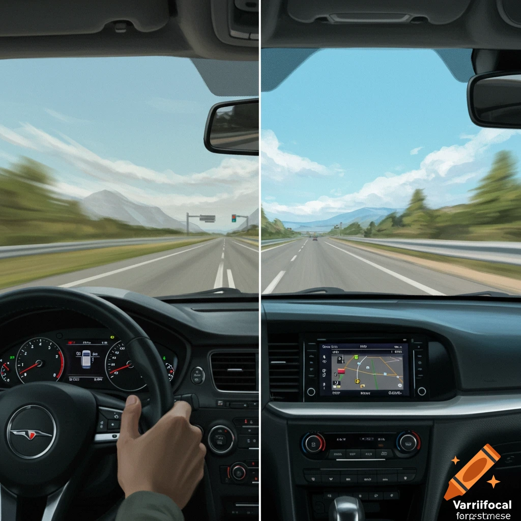 A split view from a car dashboard on a highway, showing a comparison view through the windshield.