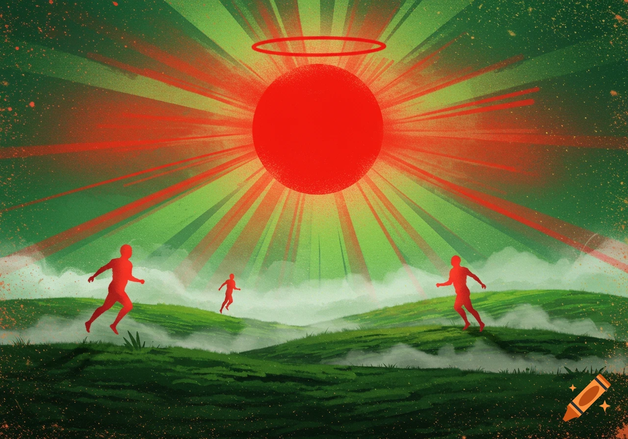 Surreal image of red figures running through green hills under a haloed red sun with spray-paint texture.