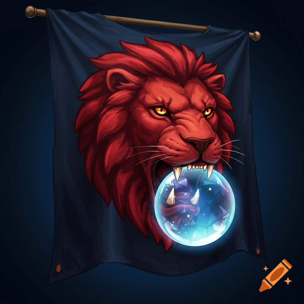 A red lion head emblazoned on a dark blue banner, holding a glowing crystal ball in its mouth.