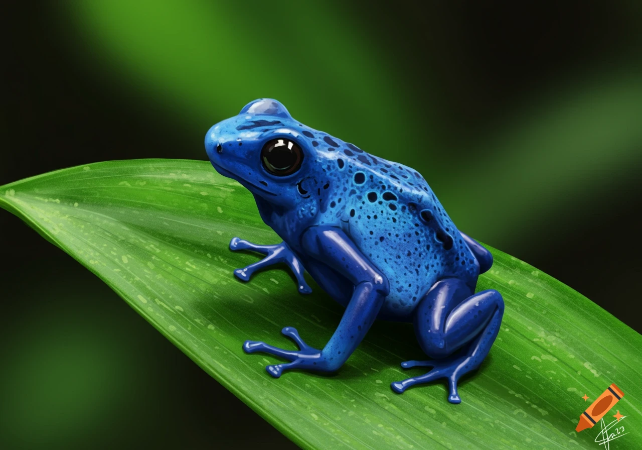 A vibrant blue poison arrow frog with black spots sits on a large green leaf.