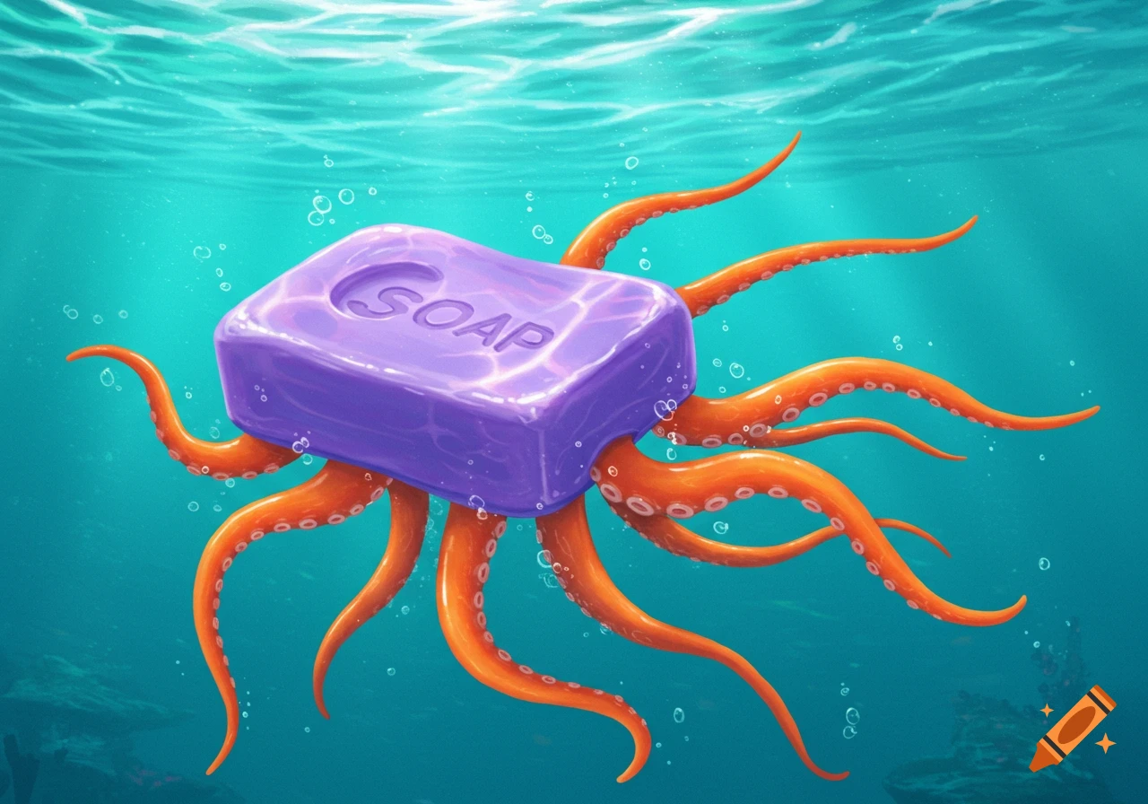 A purple soap bar with orange octopus tentacles underwater.