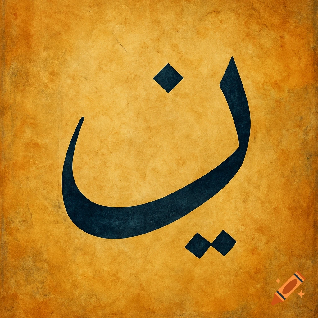 Arabic letter Ya in dark blue on a textured yellow background.