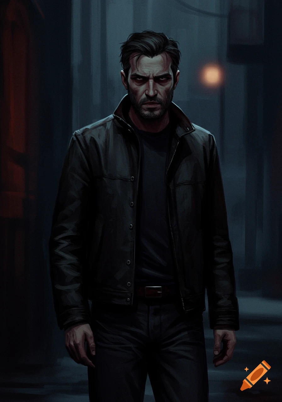 A brooding man in a black leather jacket stands in a dark image.