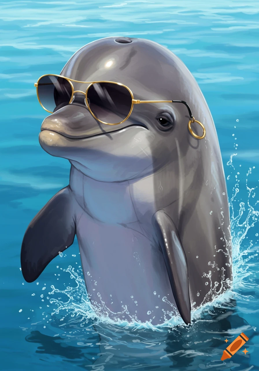 A dolphin wearing sunglasses is splashing in blue water.
