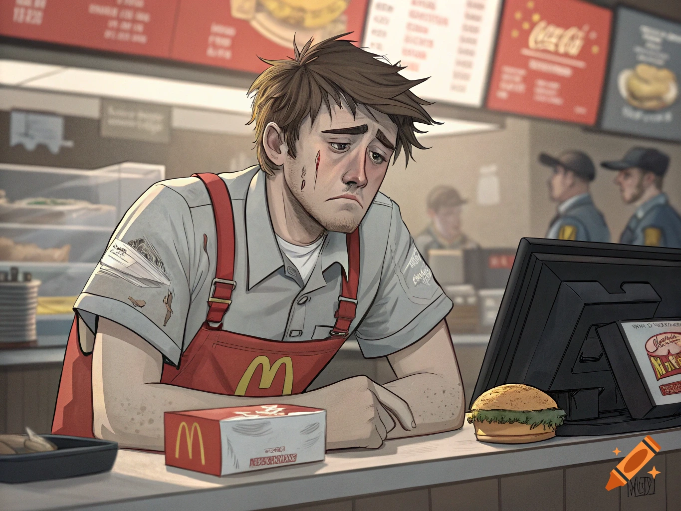 Illustration of a sad man in a torn McDonald's uniform behind a counter with a burger.