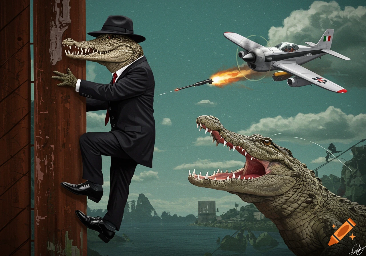 A suit-wearing alligator mafia boss climbs a wall as a crocodile-headed plane shoots a missile at him.