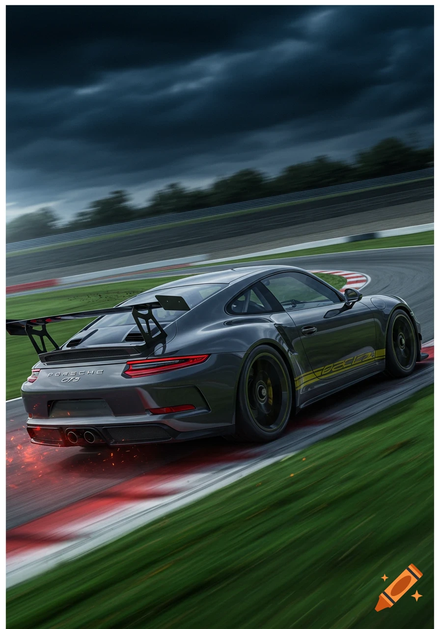 A grey Porsche 911 GT3 races on a wet track under a stormy sky, sparks flying from the rear.