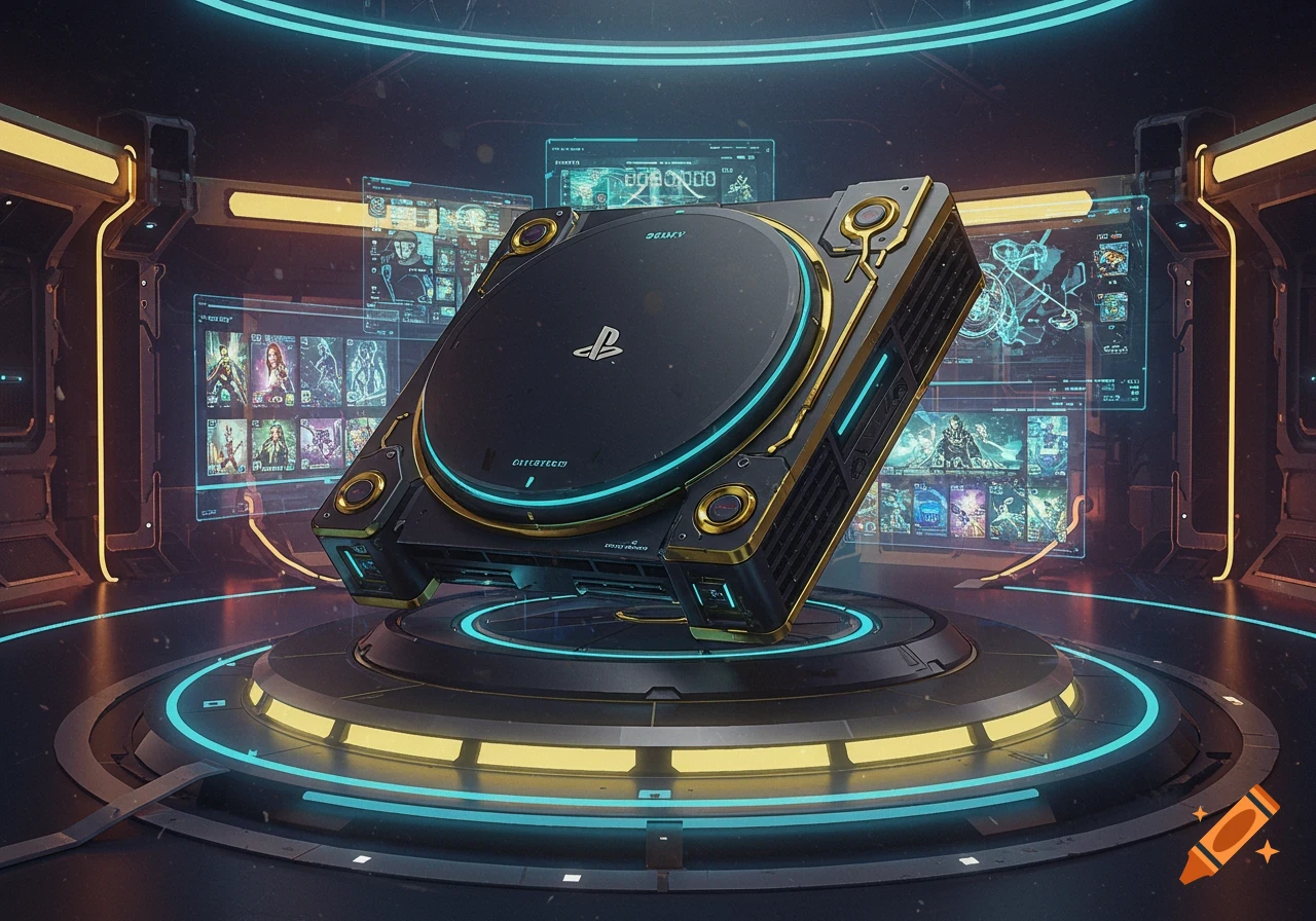 A futuristic black and gold game console, resembling a PlayStation, sits on a lighted platform in a dark, high-tech room with screens displaying graphics.