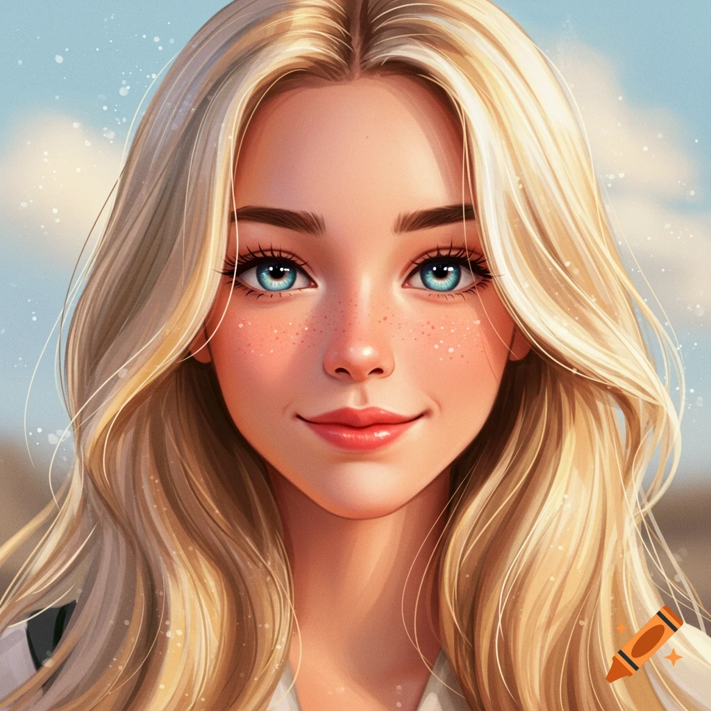 A stylized portrait of a smiling blonde woman with blue eyes and freckles.