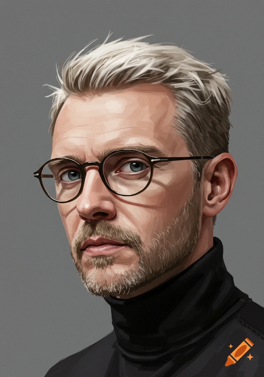 A man with blond hair, a beard, and glasses, wearing a black turtleneck.