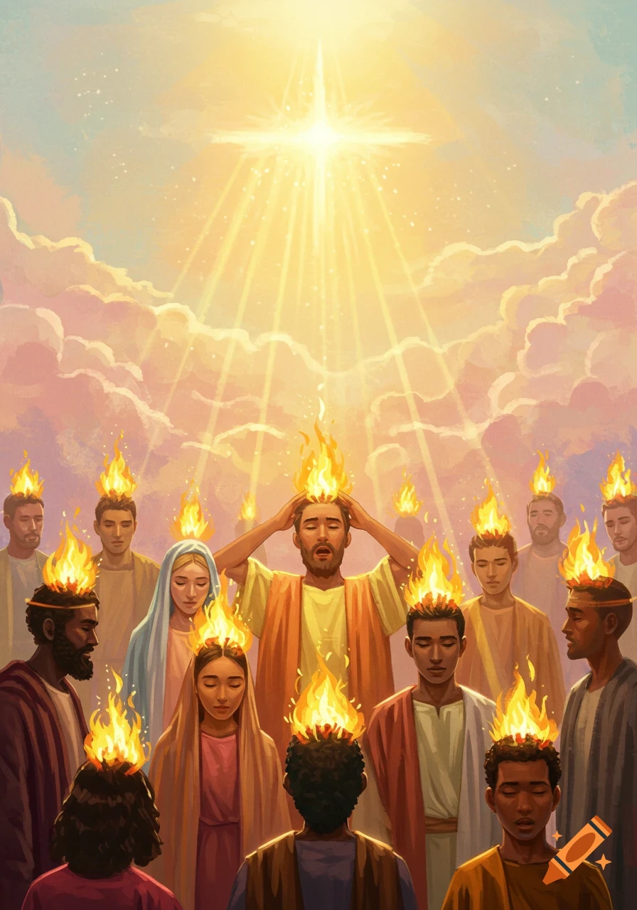 A group of people with flames on their heads look up at a bright light in a spiritual art style.