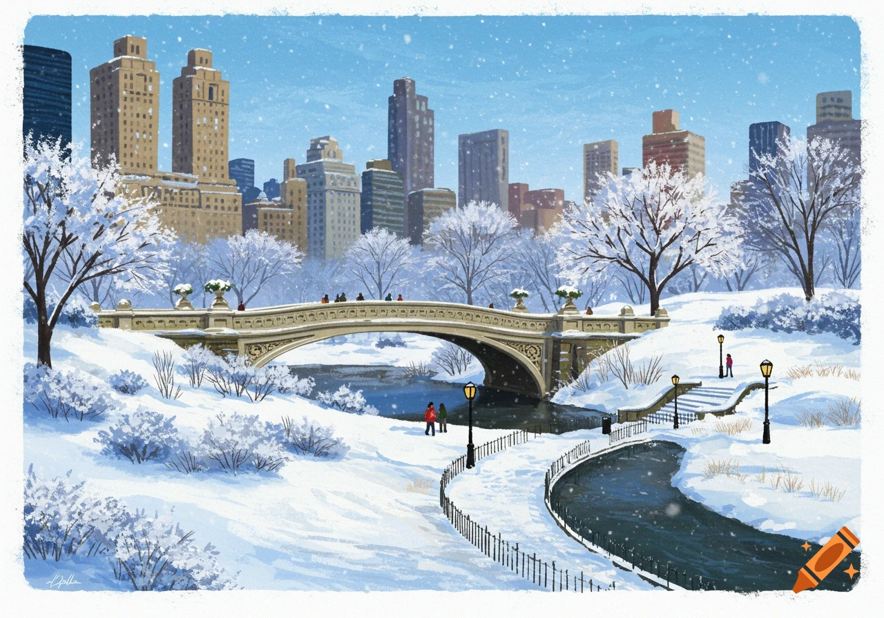 Snowy central park scene with bridge, river, trees, and cityscape background.