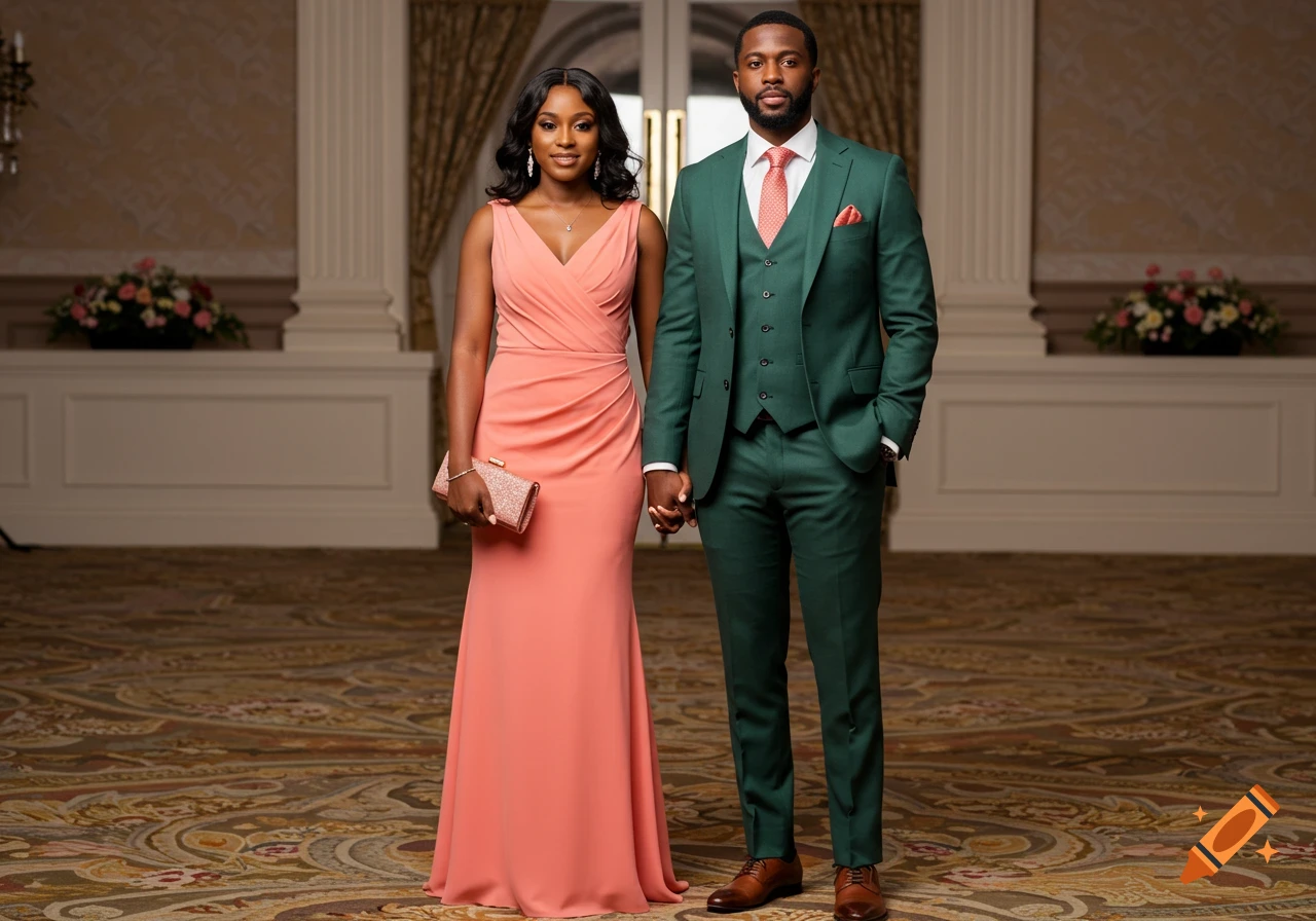 A Black couple in formal attire standing in an elegant room.