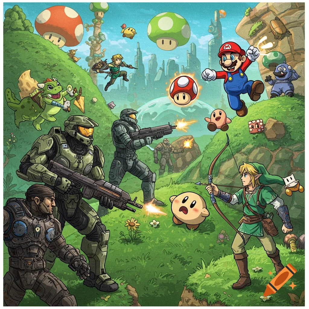Image depicting Nintendo and Xbox game characters engaged in a battle within a vibrant landscape.