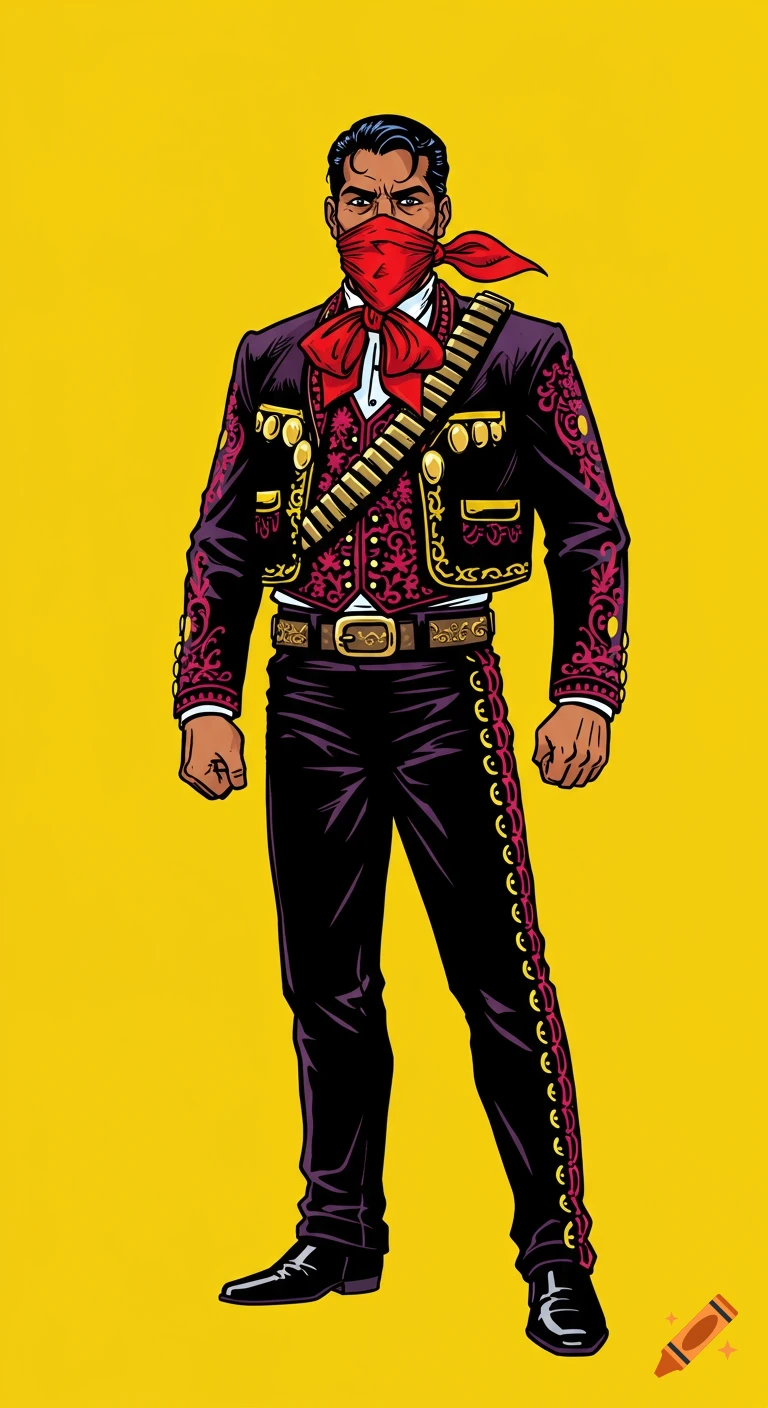 Comic illustration of a man in a dark suit with pink and gold trim, red bowtie and bandana over eyes, on yellow.