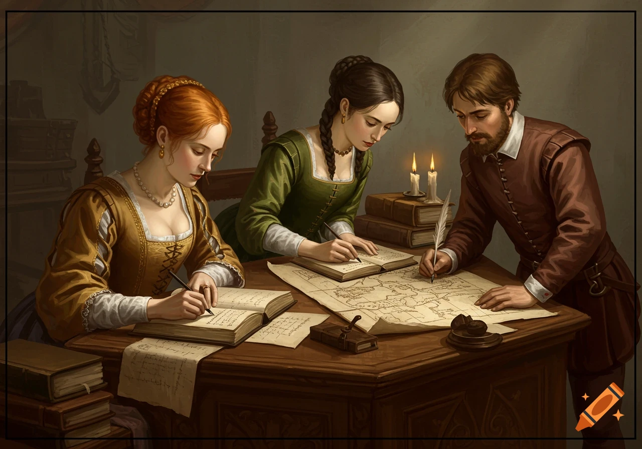 Three people in 16th-century clothing working at a desk with books and a map.