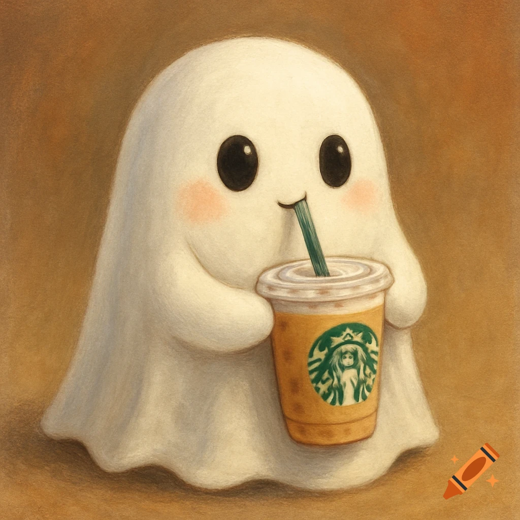 A cute ghost character drinks from a coffee cup.