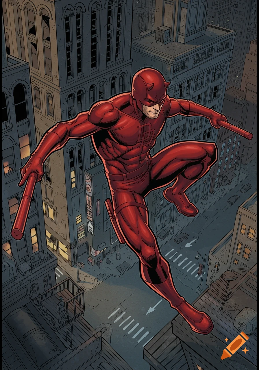 Daredevil leaps over a city street at night in a dynamic comic book style.