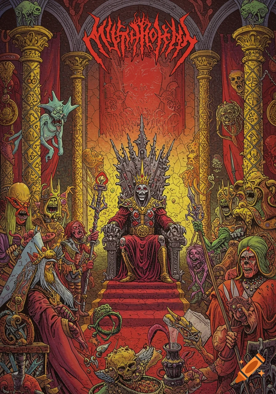 Skeleton king on a throne surrounded by monsters in a detailed dark fantasy art style.