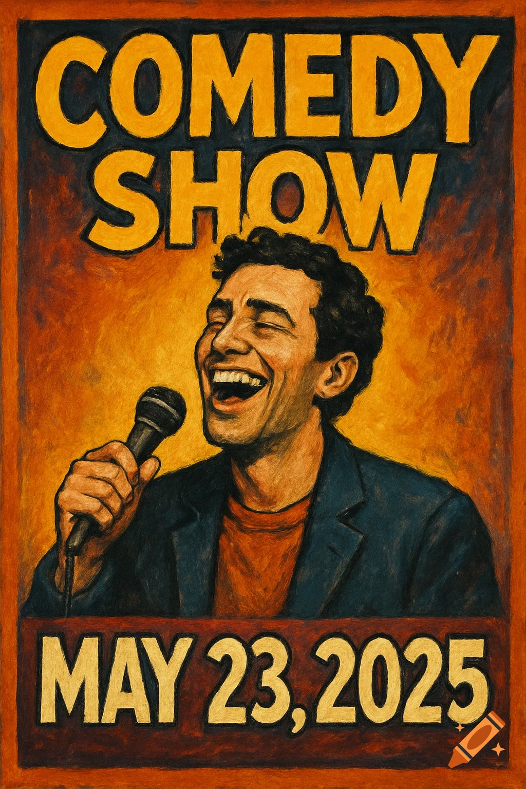 A comedy show flyer with a person holding a microphone and laughing. Text reads COMEDY SHOW and MAY 23, 2025.