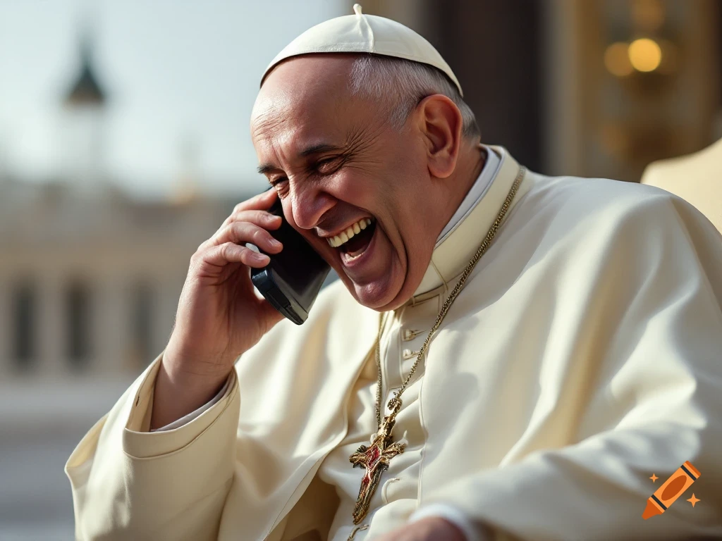 Pope Francis laughing while using a smartphone outdoors