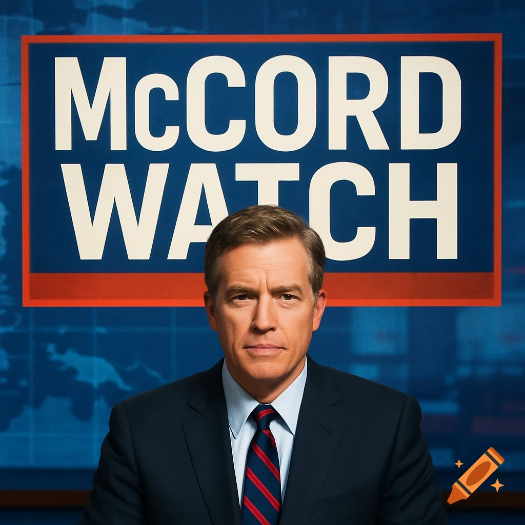 A man in a suit sits in front of a blue backdrop with the words "McCORD WATCH" in large white letters.