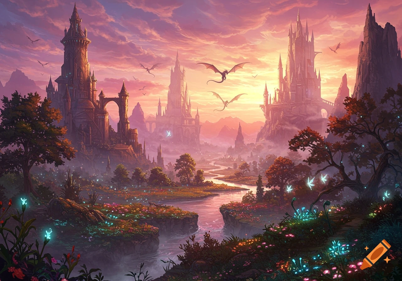 A fantasy landscape with towering castles, mountains, river, glowing flowers and fairies, and dragons flying under a vibrant sunset sky.