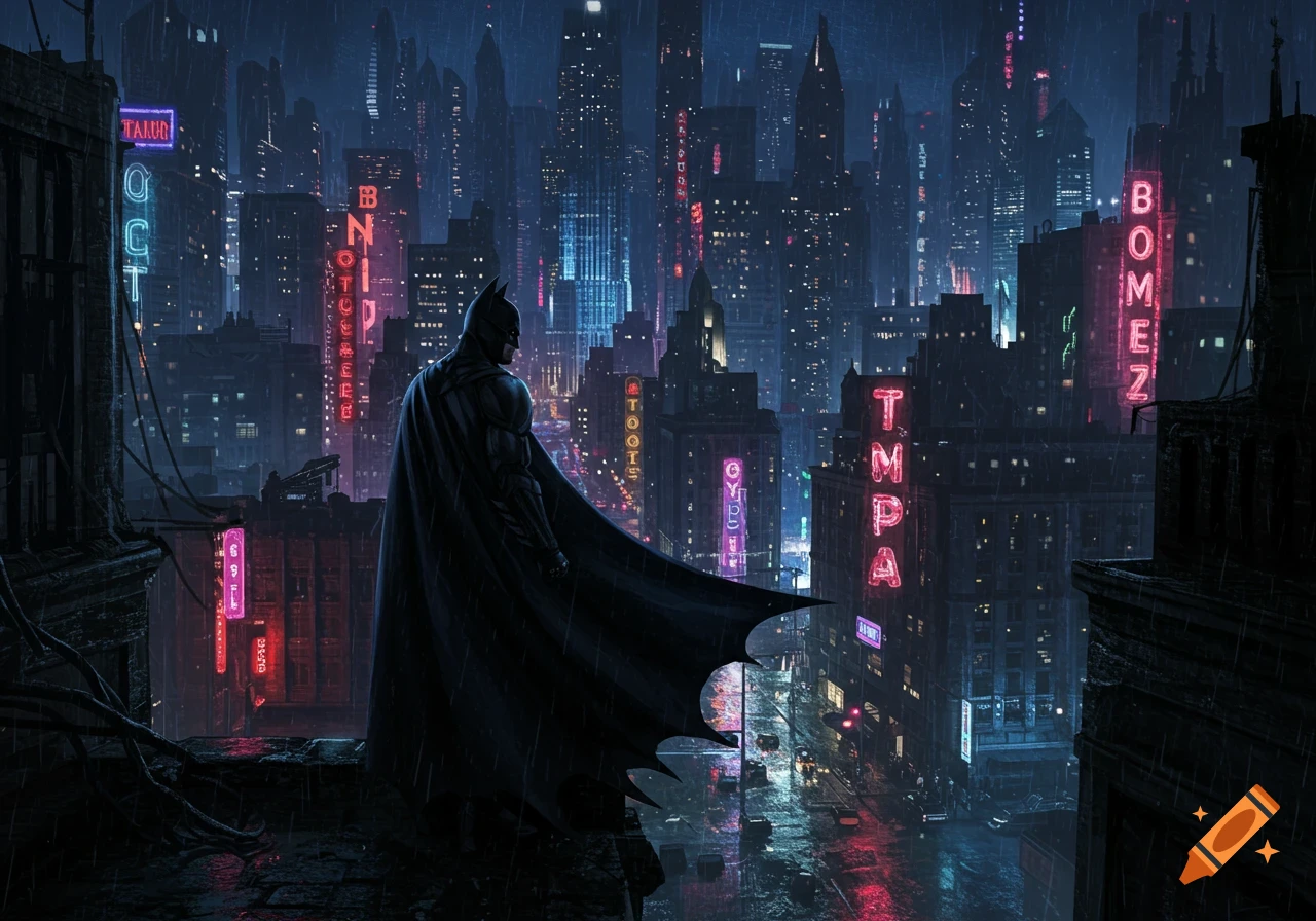 Batman stands on a rooftop overlooking a rainy city skyline at night, illuminated by neon signs.