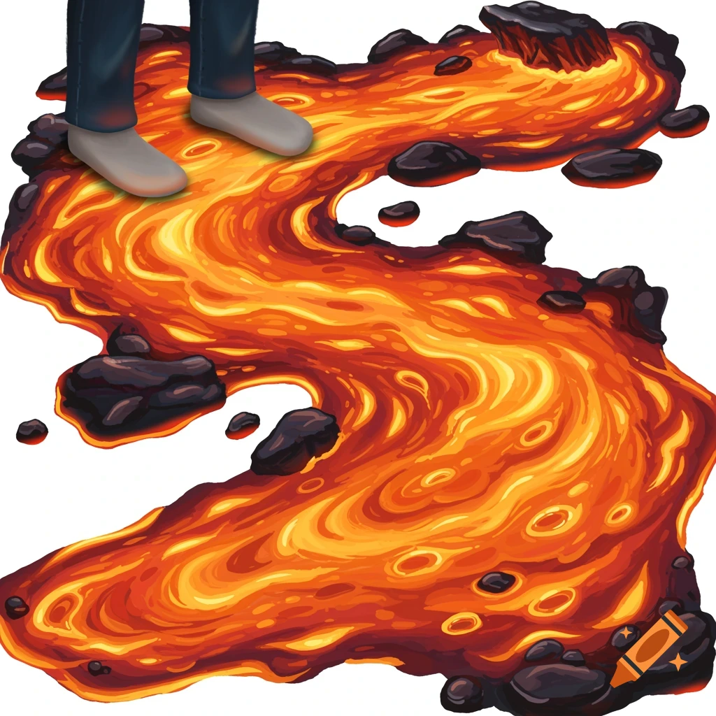 Feet standing above a swirling, vibrant orange and red lava flow.