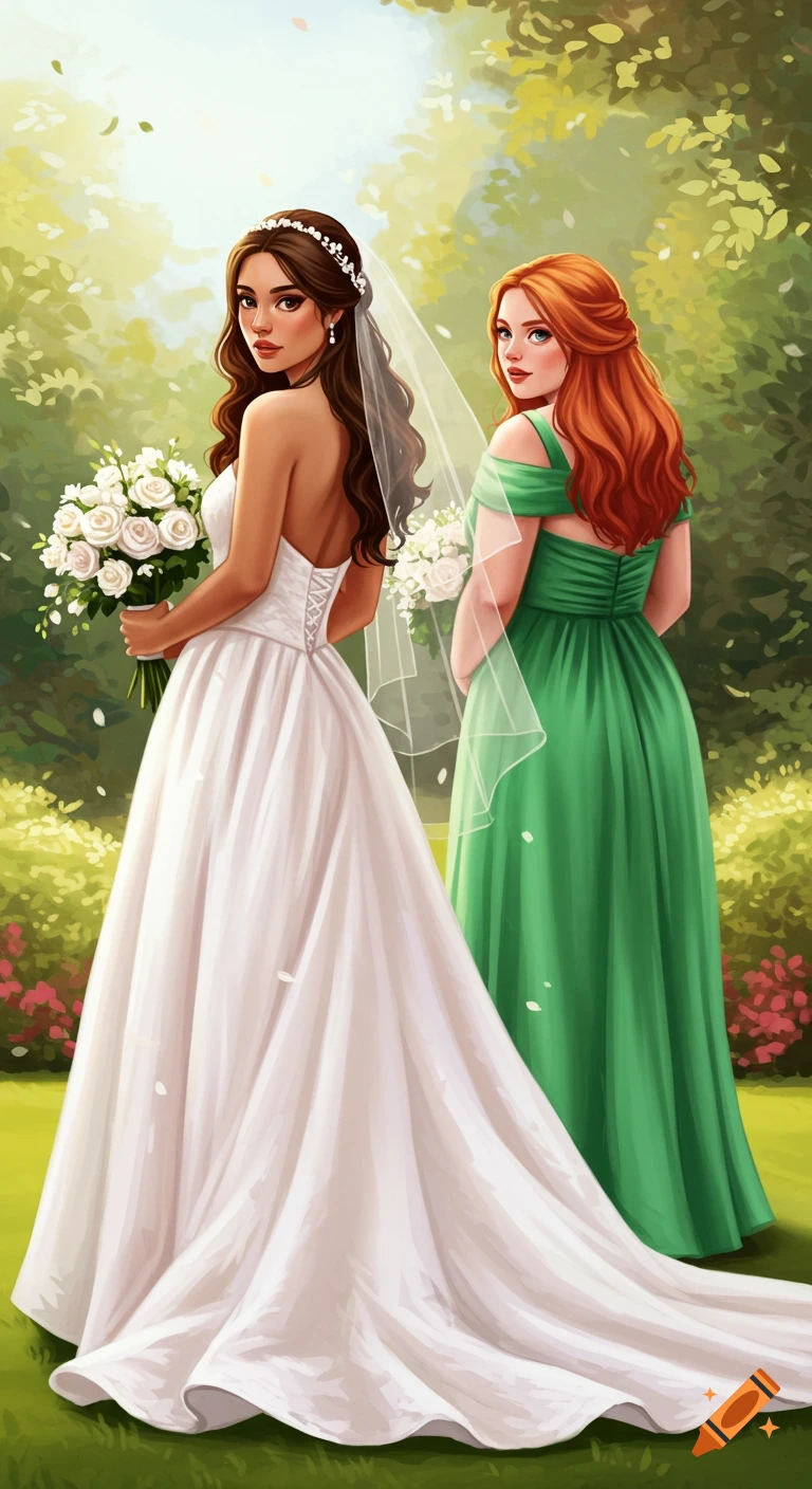 A brunette bride and a redhead bridesmaid in a garden