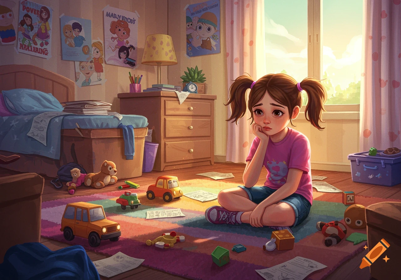 a sad girl sitting on the floor in a messy bedroom with scattered toys.